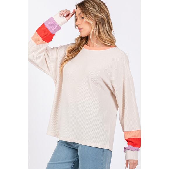 SAGE + FIG Color Block Raglan Sleeves Crew Neckline Waffle Knit T-Shirt | Sand - Picture 3 of 6